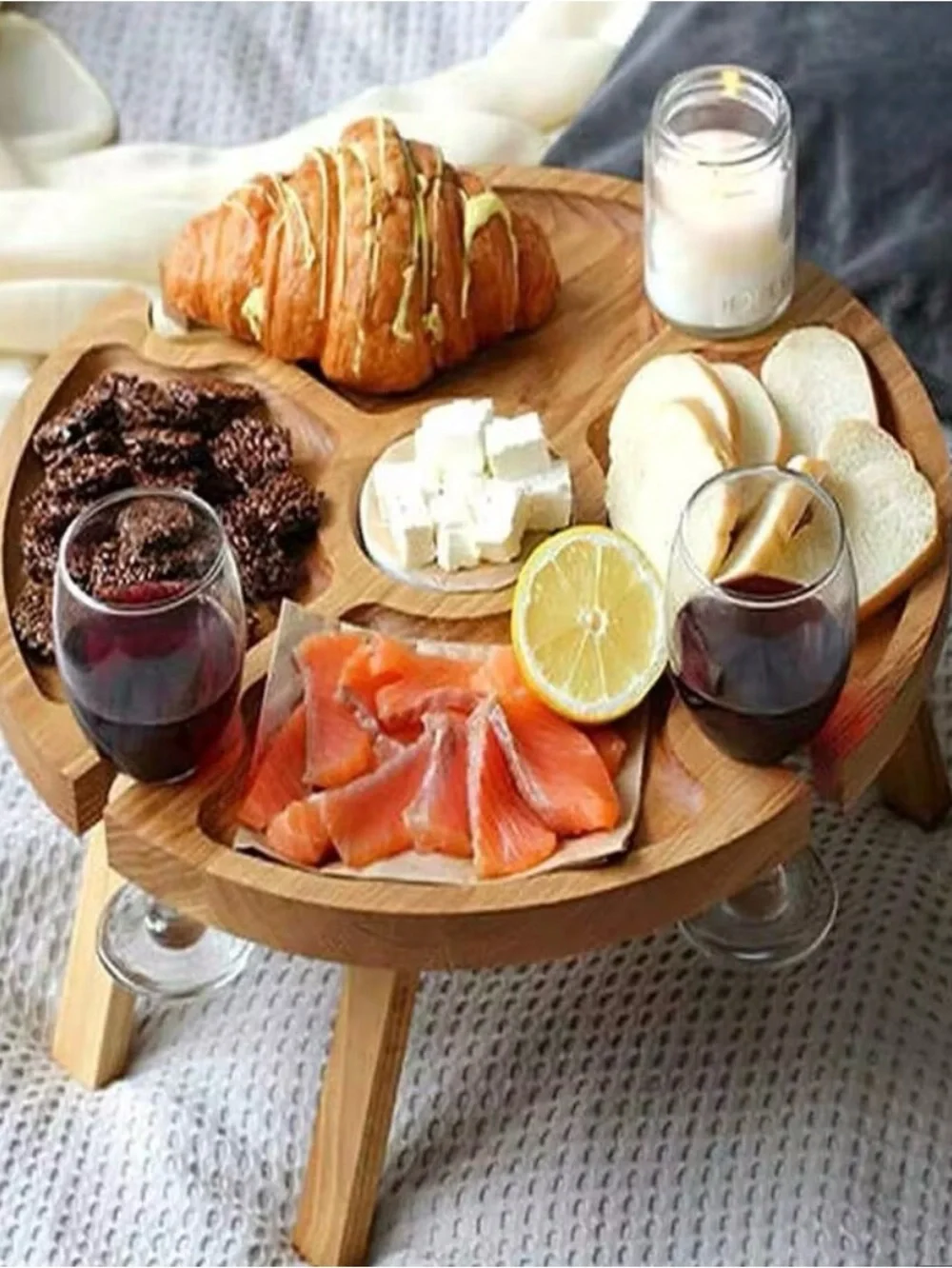 New Bamboo Wine Picnic Table & Charcuterie Boards Bundle of 2 Set